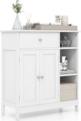 Tangkula Bathroom Storage Cabinet Floor Cabinet w/ 1 Slide-Out Drawer 2 Doors & 3 Open Shelves 1 Adjustable Shelf