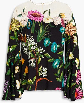 Appliquéd tulle-paneled floral-print crepe blouse