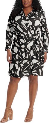 Plus Size Printed Long-Sleeve Sarong Dress - Black/White