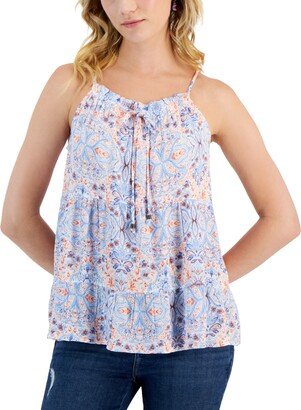 Juniors' Printed Tiered Tie-Neck Top