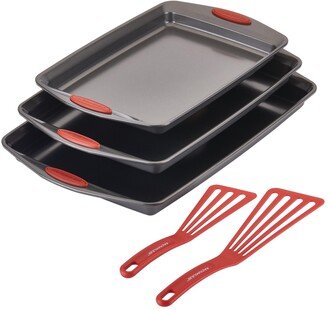 Nonstick Bakeware Cookie Pan Set, 5-Pc., Gray with Red Silicone Grips