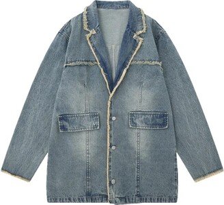 Pulcykp Mid Length Denim Suit Jacket High Street Style Spliced Bleached Vintage Washed Loose Coats Blue L