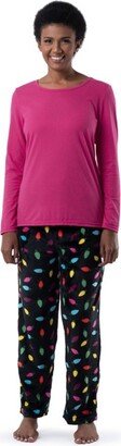 Women' Long Sleeve Crew Neck Top and Fleece Bottom Pajama Set - HOT PINK/CHRIMAS LIGHTS - L