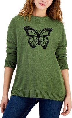 Just Polly Juniors' Butterfly Graphic Ribbed-Edge Sweater