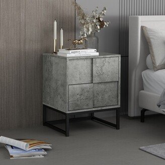 Modern Nightstand with Geometric Elements, Bedside Table with 2 Drawers, Cement Gray