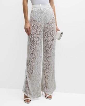 Lulu Sheer Floral Lace Wide-Leg Pants