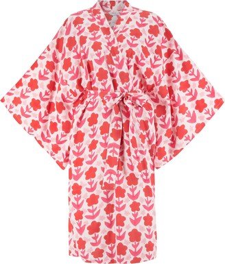 Kate Austin Designs Lena Organic Cotton Lounge Kimono Robe With Obi Belt Tie And Hidden Sleeve Pockets In Pink Red And White Zinnias Block Print