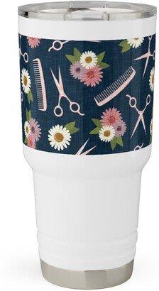 Travel Mugs: Floral Shears And Combs - Pink & Blue Travel Tumbler, 30Oz, Pink