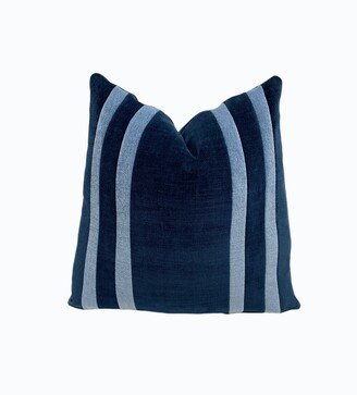 Modern Navy & Coastal Blue Velvet Stripe Throw Pillow Cover | Decorative Lumbar Pillow