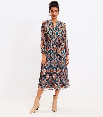 Petite Tapestry Ruffle V-Neck Midi Dress