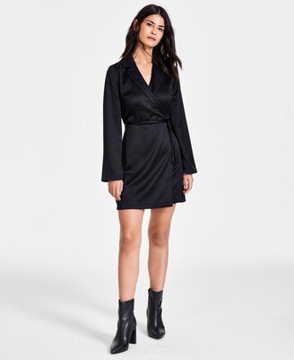 Petite Long-Sleeve Satin Tuxedo Dress, Created for Macy's