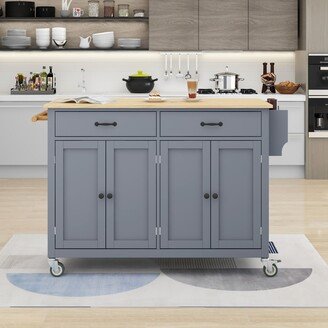 Global Pronex Kitchen Island Cart with Solid Wood Top and Locking Wheels，54.3 Inch Width，4 Door Cabinet and Two Drawers（Dusty Blue）