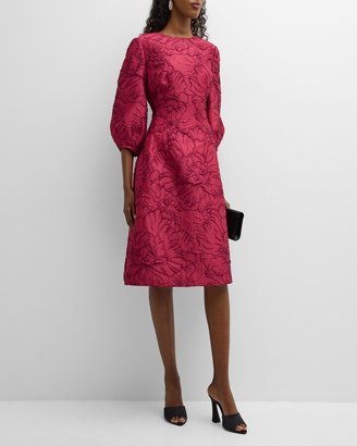 Blouson-Sleeve Floral Jacquard Midi Dress