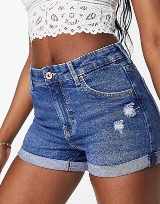 roll up denim short in mid blue