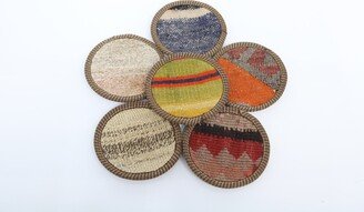 Beer Coaster, Set Of Six, Kilim Green Pad, Striped Antique Rug Rustic Ethnic Stylish