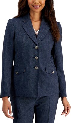 Petite Denim Notched Collar Three-Button Blazer