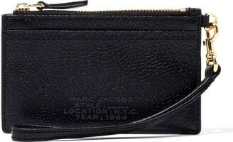 Black Wallet With Embossed Logo And Wrist Strap In Grainy Leather Woman