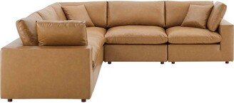 5pc Commix Down Filled Overstuffed Vegan Leather L-Shaped Sectional Sofas Set Tan