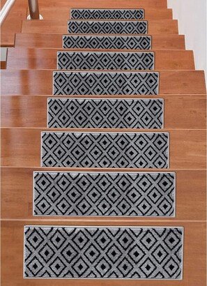 Beverly Rug Indoor Non Slip Carpet Stair Treads w/ Installed Tape 9x 28 Trellis Dark Grey / Black