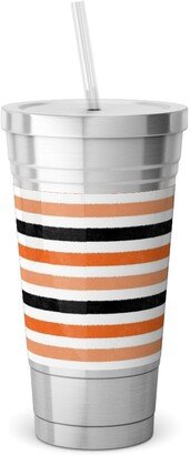 Travel Mugs: Halloween Stripes - Orange And Black Stainless Tumbler With Straw, 18Oz, Orange