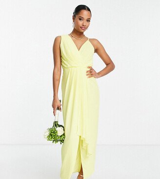 TFNC Petite Bridesmaid chiffon wrap maxi dress with hi low hem in lemon yellow