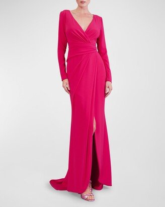 Long-Sleeve Mock Wrap Crepe Gown