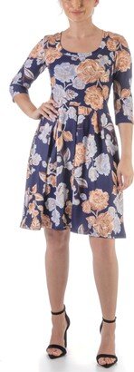 24seven Comfort Apparel Women's Three Quarter Sleeve Pleated Dress - Navy, Nude Multi