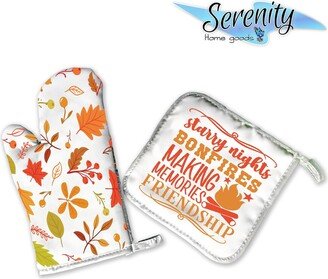 Decorative Kitchen Hot Plate Pot Holder Oven Mitt Set | Starry Nights Bonfires Making Memories Friendship Fall Leaves Fires