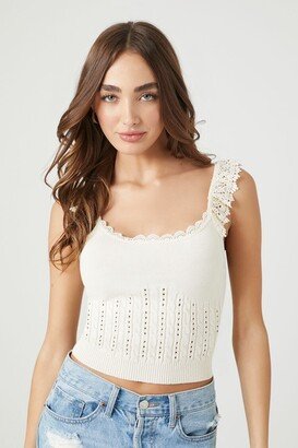 Women's Pointelle Sweater-Knit Crop Top in White Medium