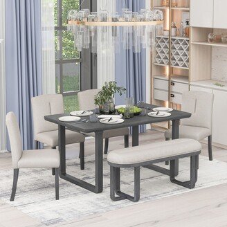 NOVABASA 6-Piece Kitchen Table, Rectangular Dining Table, 4 Upholstered Chairs And Benches, Foam Covered Backrest And Cushions