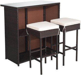 Outdoor 3PCS Patio Wicker Rattan Bar Set Table w/2 Cushioned Stools