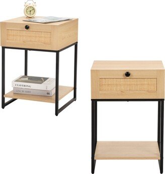 Simplie Fun Natural Rattan Nightstand Bedside Table with one Drawer and Bottom Shelf Set of 2