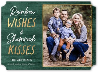 St. Patrick's Day Cards: Wishes Kisses St. Patrick's Day Card, Green, 5X7, Pearl Shimmer Cardstock, Ticket