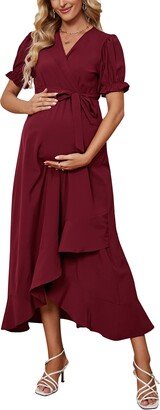 BODDYSIZE Women's Maternity Short Sleeve V-Neck Ruffle Maxi Irregular Long Dress