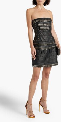 Strapless embellished fringed leather mini dress