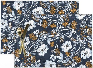 Elegant Floral Placemats | Set Of 2 - Navy By Jill O Connor Leaves & Flowers Chintz Mustard Cloth Spoonflower