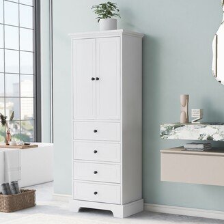 EYIW Rectangle Wood Storage Cabinet with 4 Big Drawers, 2 Doors and Adjustable Shelves for Bathroom, Bedroom