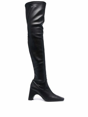 Stretch Vegan-Leather Thigh-High Boots