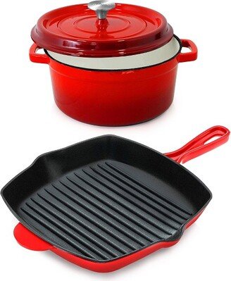 5 Quart Round Cast Iron Dutch Oven w/ Self Basting Lid, Red, and 11 Inch Square Cast Iron Skillet w/ Porcelain Enamel Coating, Red
