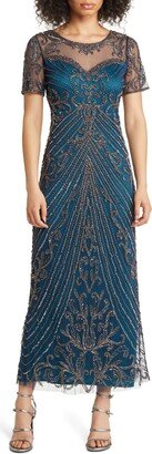 Illusion Beaded Mesh Column Gown