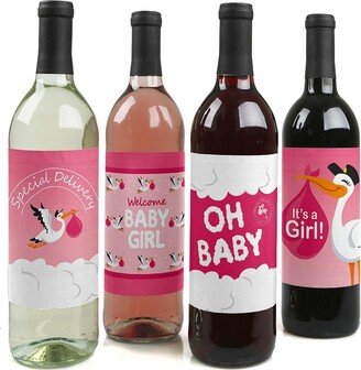 Big Dot Of Happiness Girl Special Delivery - Stork Baby Shower Decor Wine Bottle Label Stickers 4 Ct