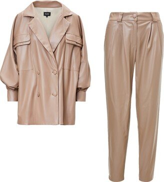 Bluzat Beige Leather Suit With Oversized Blazer And High-Waist Slim Fit Trousers