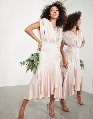 Bridesmaid satin wrap midi dress with ruched detail in blush-AA
