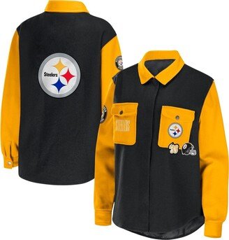 Women's Wear by Erin Andrews Black Pittsburgh Steelers Snap-Up Shirt Jacket