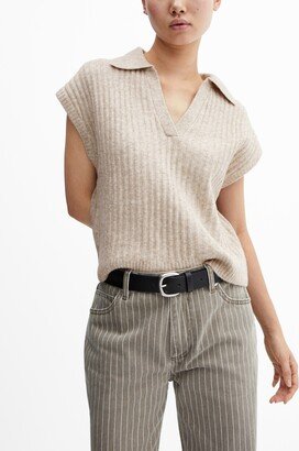 Women's Knitted Polo-Neck Vest - Light, Pastel Gray