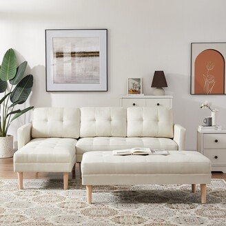 TOSWIN Beige Linen Blend Sectional Sofa Bed with Reversible Chaise and Ottoman Bench