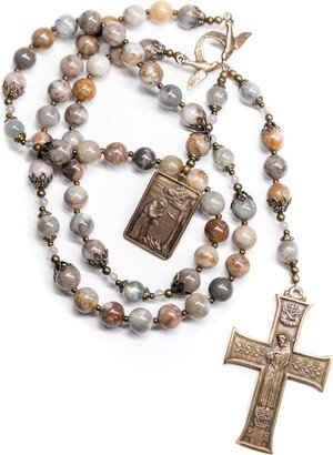 Saint Francis Bronze Heirloom Catholic Rosary, Patron Of Animals, Handmade Gemstone Rosary Beads Made With Gobi Agate