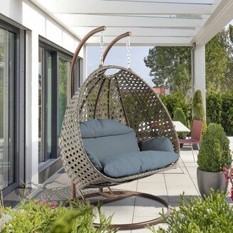 Outdoor 2 Person Beige Wicker Double Hanging Egg Swing Chair