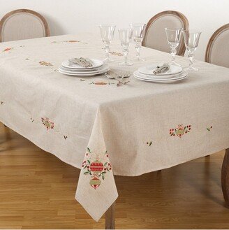 Saro Lifestyle Embroidered Ornament Holly Design Holiday Linen Blend Tablecloth, , Beige