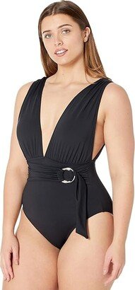 Essentials Surplice Plunge One-Piece (Black) Women's Swimsuits One Piece